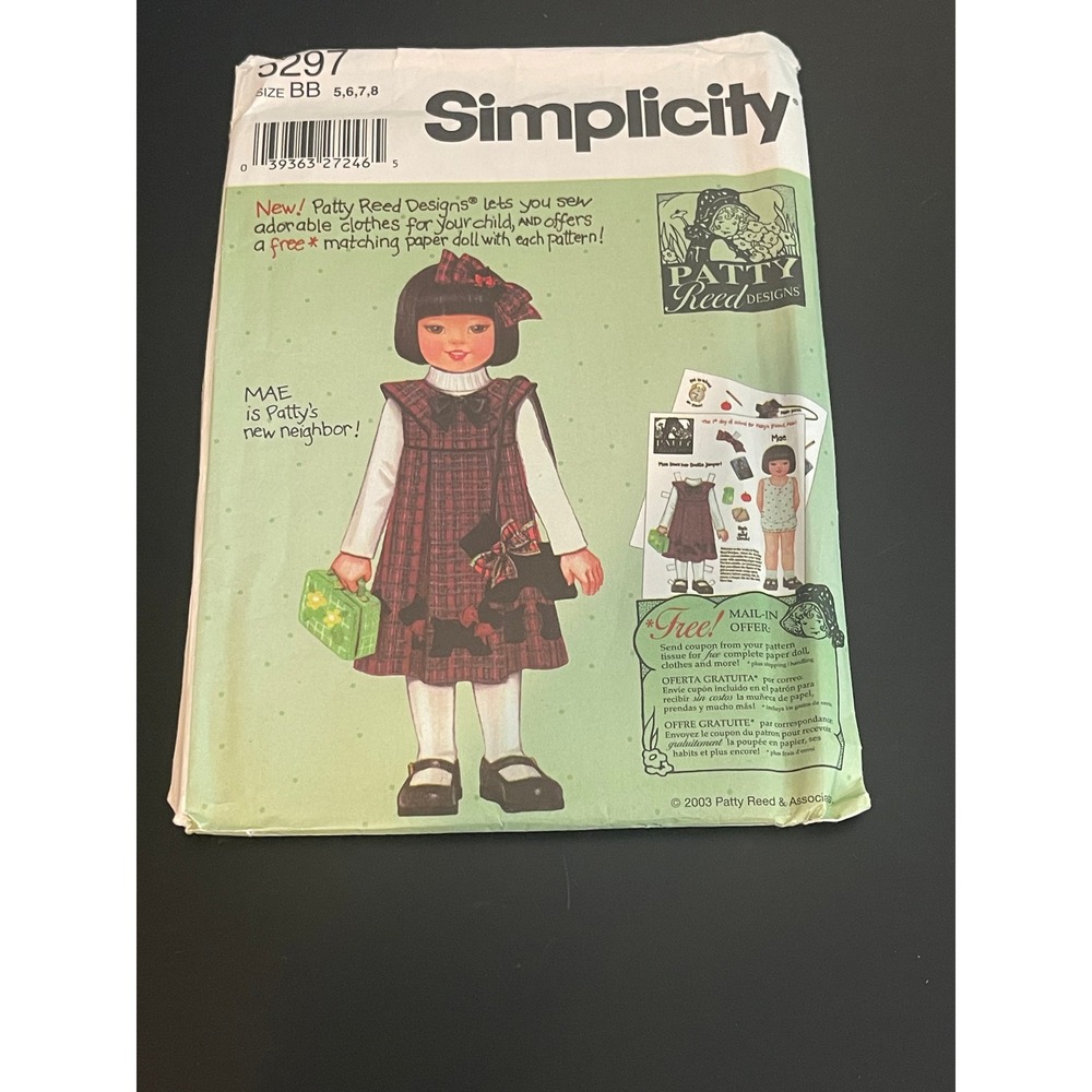 00600 - Simplicity 5297 Pattern Doll Clothes‎ Patty Reed Jumper Bow Size BB 5-8